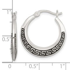Sterling Silver Polished and Black Enameled Greek Key Round Graduated Hollow Hoop Earrings
