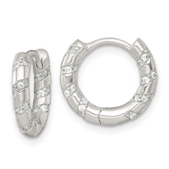 Sterling Silver Polished CZ Round Hinged Hoop Earrings