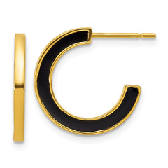 Sterling Silver Gold-tone Polished Black Enamel 18x2mm Post C-Hoop Earrings