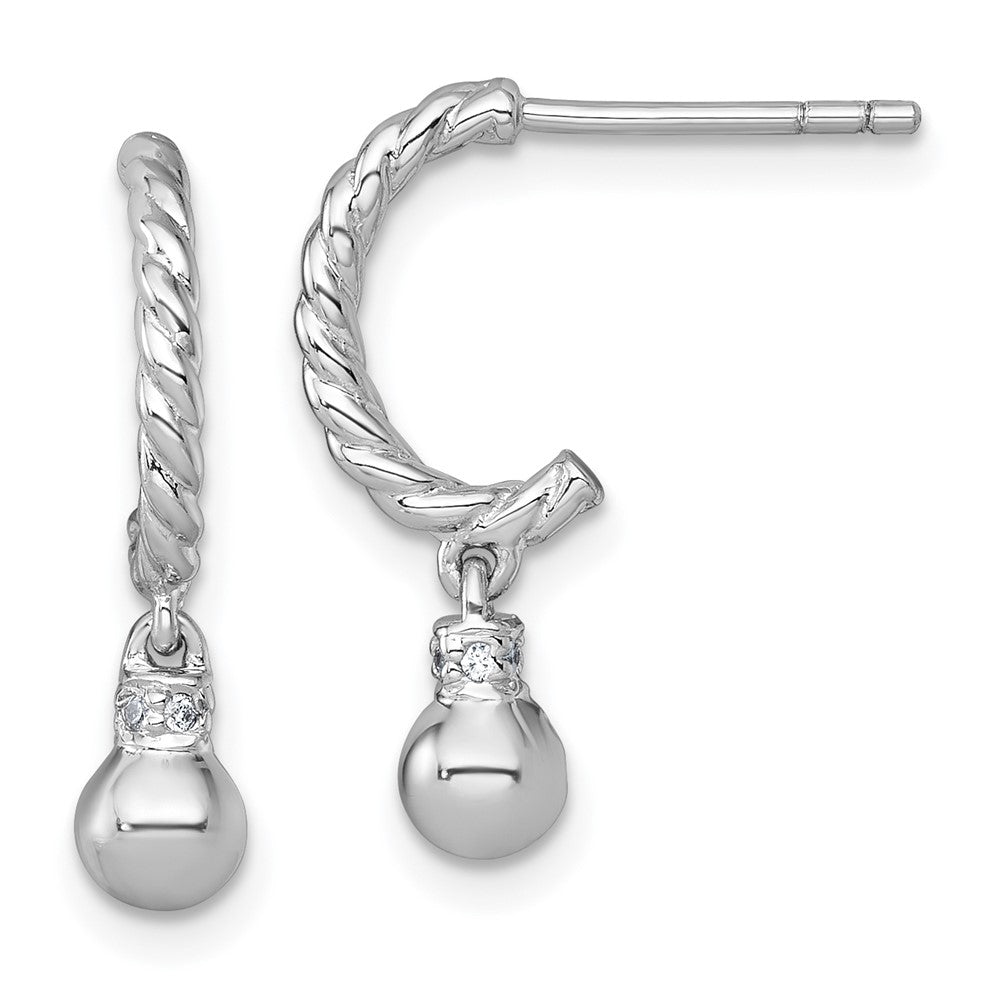 Sterling Silver Rhodium-plated Polished and Twisted CZ Post J-Hoop Dangle Earrings