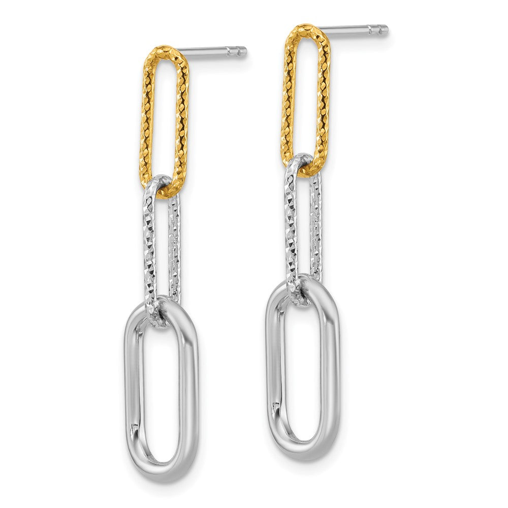 Sterling Silver Rhodium and Gold-plated Three Link Textured Dangle Post Earrings