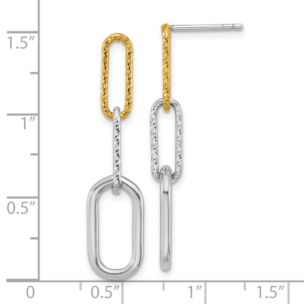 Sterling Silver Rhodium and Gold-plated Three Link Textured Dangle Post Earrings