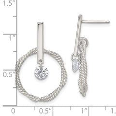 Sterling Silver Polished Twisted Circle with Moveable White CZ Dangle Post Earrings