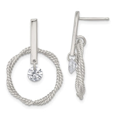 Sterling Silver Polished Twisted Circle with Moveable White CZ Dangle Post Earrings