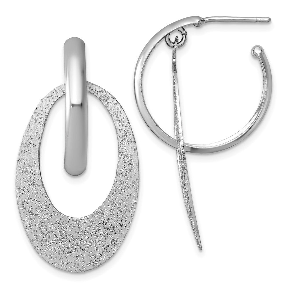 Sterling Silver Rhodium-plated Polished and Brushed Oval Dangle C-Hoop Post Earrings - 2