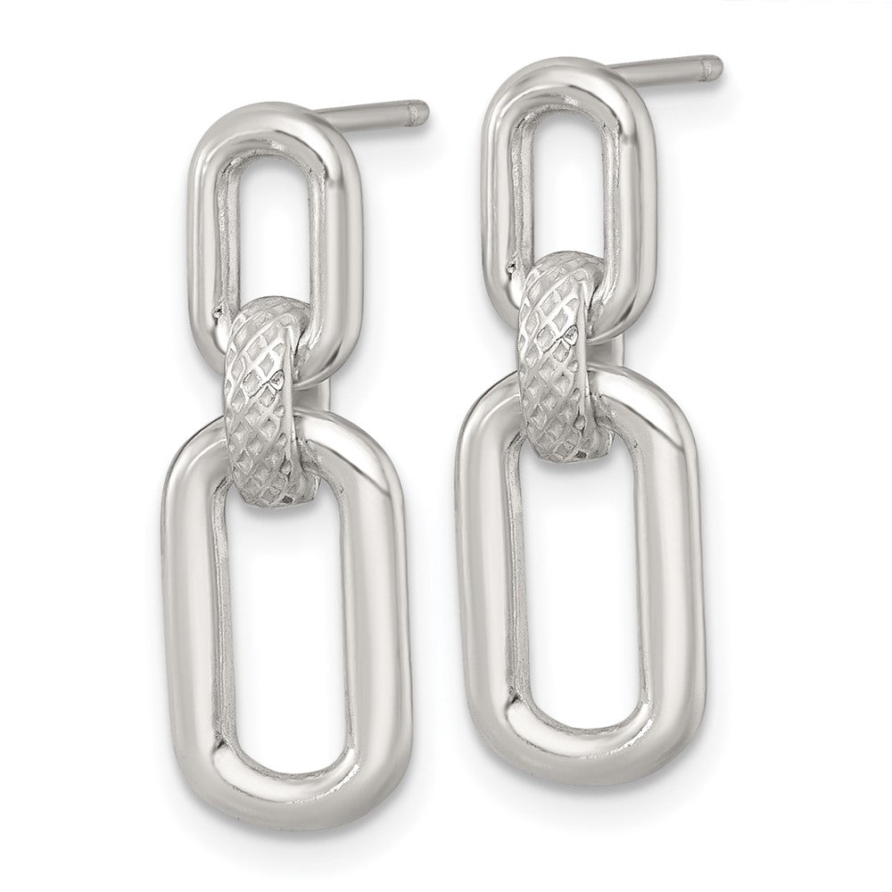 Sterling Silver Polished and Textured Fancy Rectangular Link Dangle Post Earrings