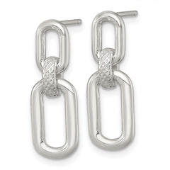 Sterling Silver Polished and Textured Fancy Rectangular Link Dangle Post Earrings