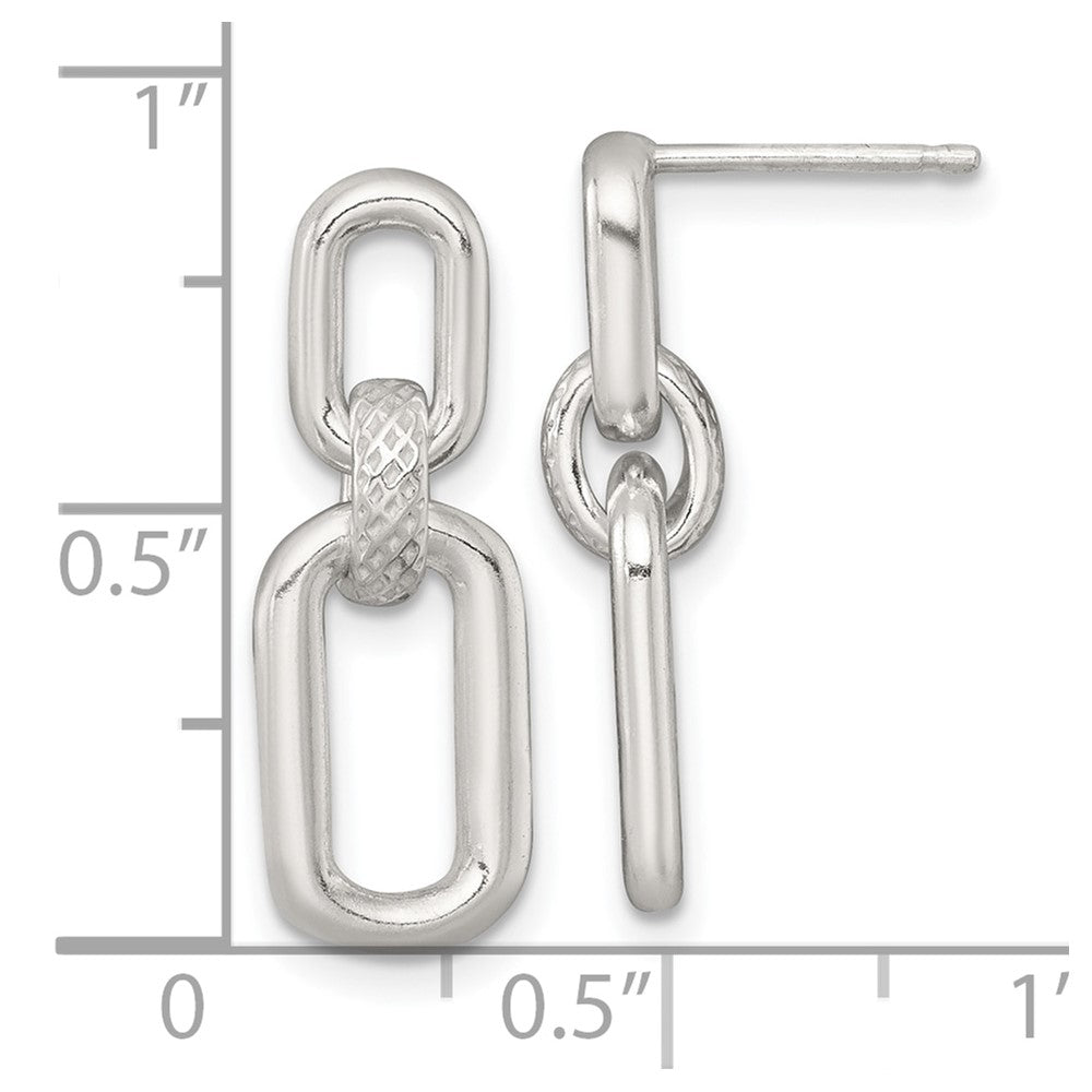 Sterling Silver Polished and Textured Fancy Rectangular Link Dangle Post Earrings