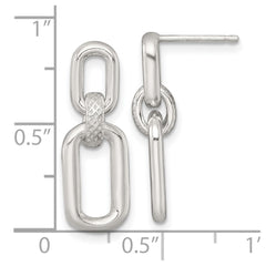 Sterling Silver Polished and Textured Fancy Rectangular Link Dangle Post Earrings