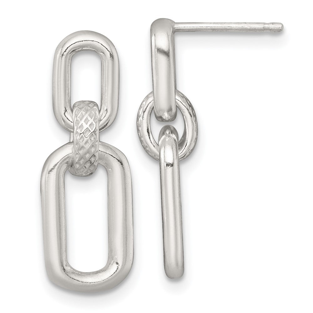 Sterling Silver Polished and Textured Fancy Rectangular Link Dangle Post Earrings