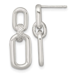 Sterling Silver Polished and Textured Fancy Rectangular Link Dangle Post Earrings
