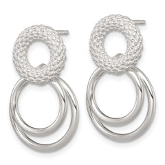 Sterling Silver Polished and Textured Double Circle Dangle Post Earrings