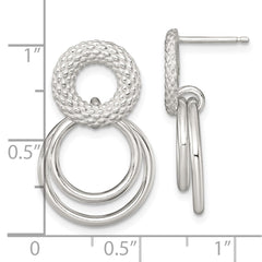 Sterling Silver Polished and Textured Double Circle Dangle Post Earrings