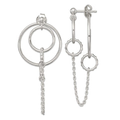 Sterling Silver Polished and Textured Multi Circle and Chain Dangle Post Earrings