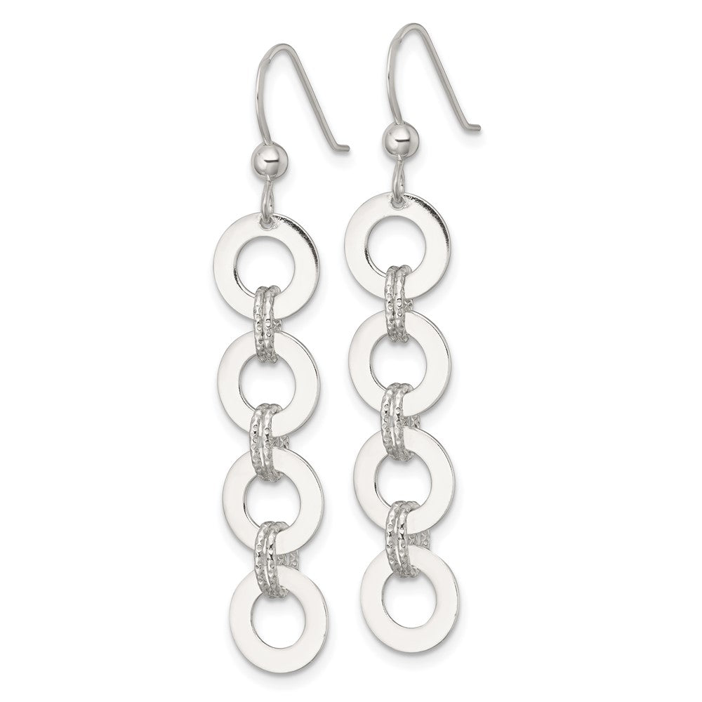 Sterling Silver Polished and Textured Four Circles Dangle Shepherd Hook Earrings
