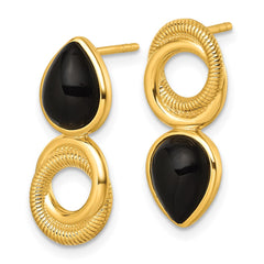 Sterling Silver Gold-tone Polished Black Agate Teardrop and Circle Mis-Matched Post Earrings