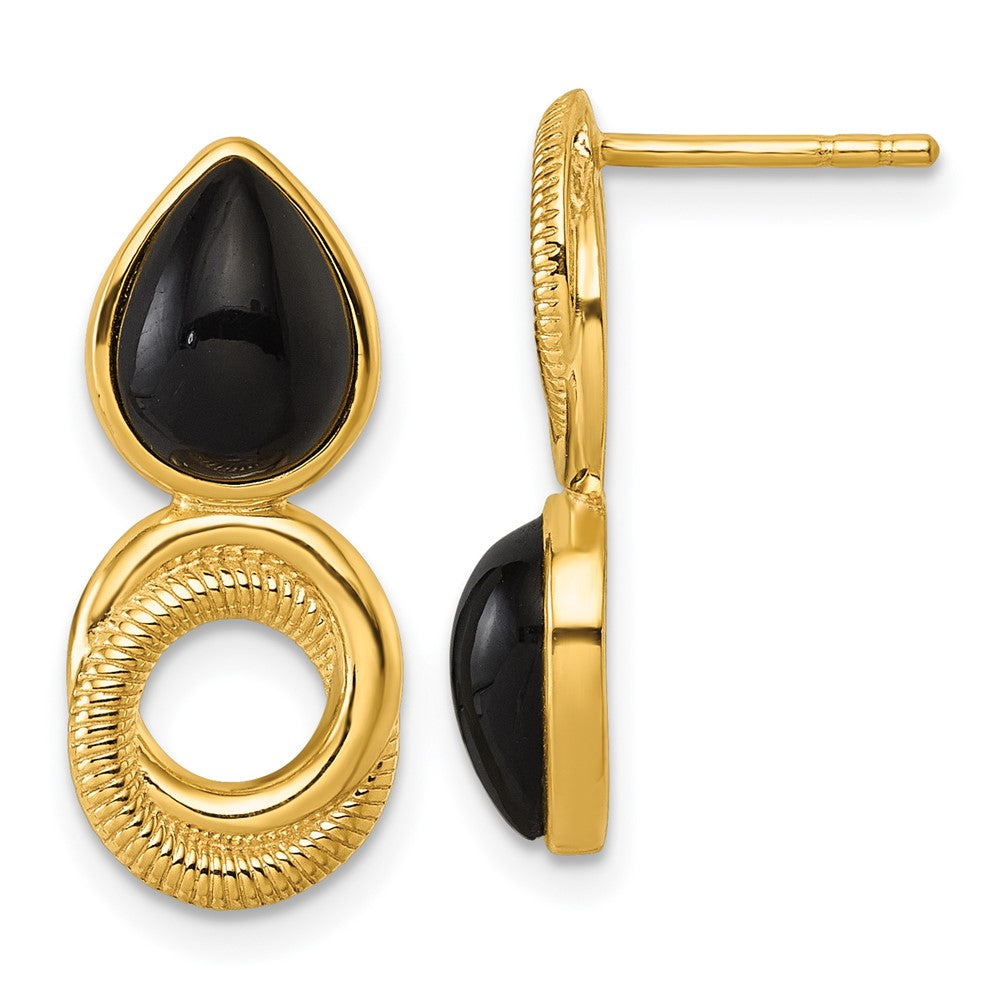 Sterling Silver Gold-tone Polished Black Agate Teardrop and Circle Mis-Matched Post Earrings