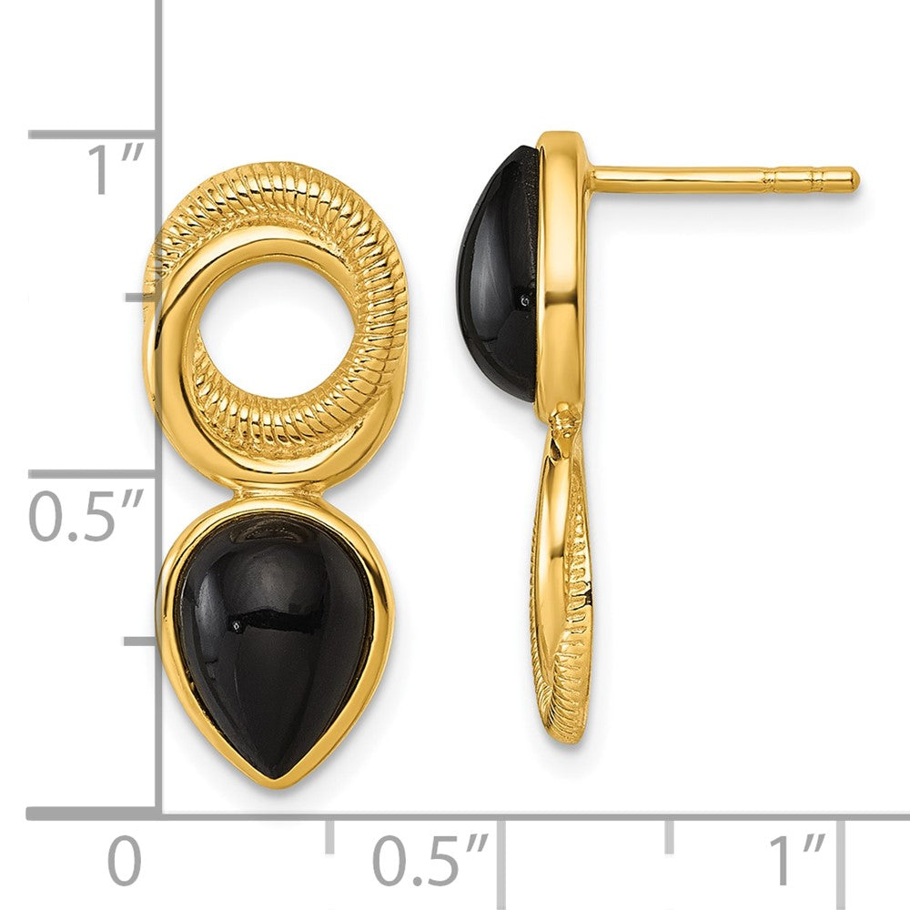Sterling Silver Gold-tone Polished Black Agate Teardrop and Circle Mis-Matched Post Earrings