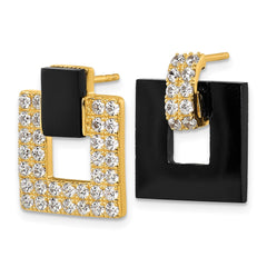 Sterling Silver Gold-tone Polished CZ and Black Agate Square Dangle Mis-Matched Post Earrings