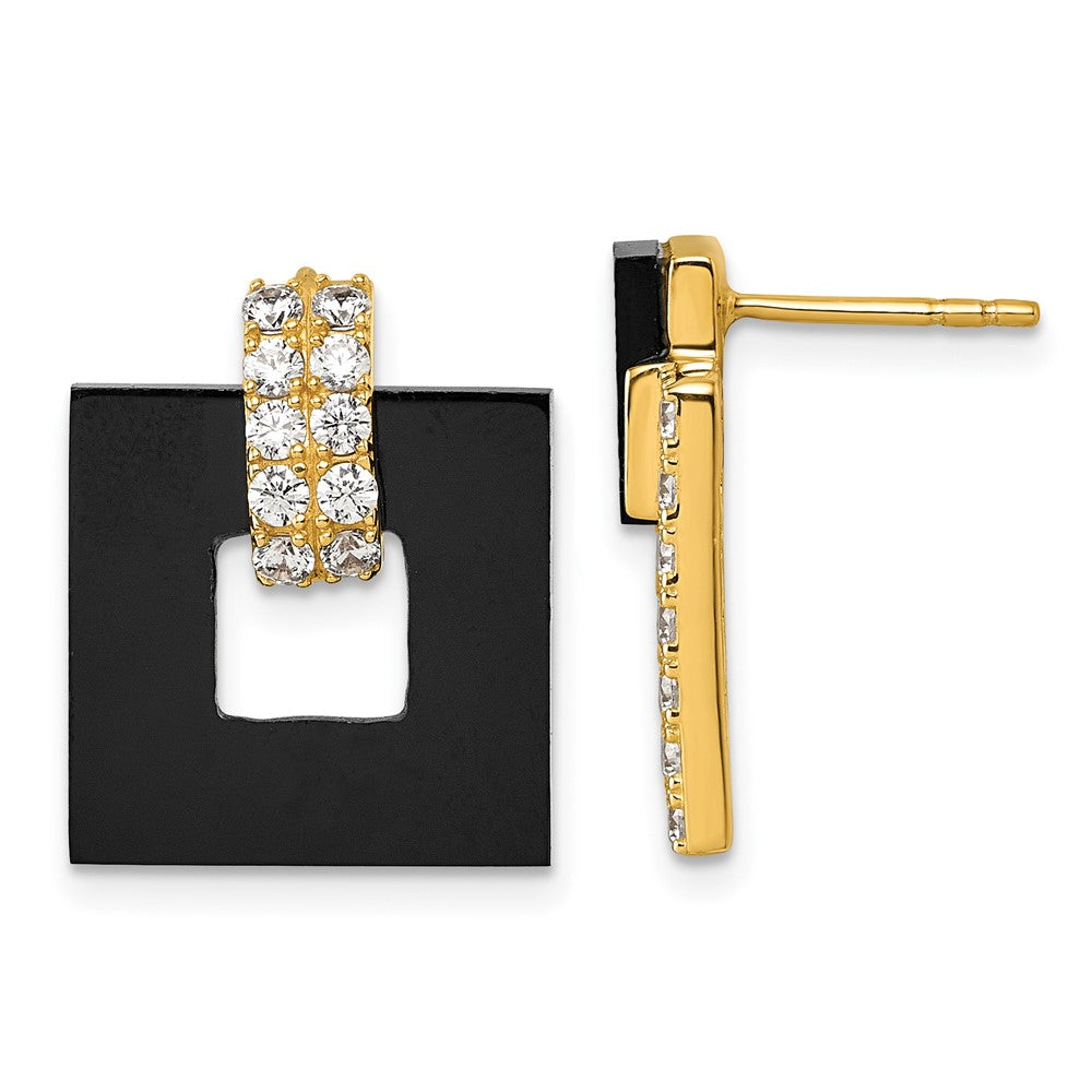 Sterling Silver Gold-tone Polished CZ and Black Agate Square Dangle Mis-Matched Post Earrings