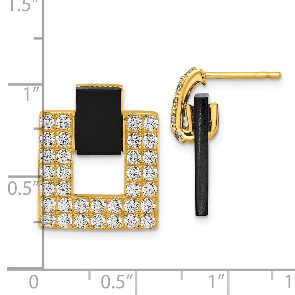 Sterling Silver Gold-tone Polished CZ and Black Agate Square Dangle Mis-Matched Post Earrings