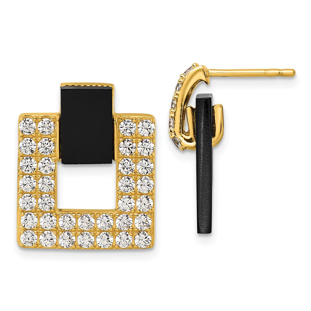 Sterling Silver Gold-tone Polished CZ and Black Agate Square Dangle Mis-Matched Post Earrings