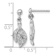 Sterling Silver Rhodium-plated Polished CZ Leaf Dangle Post Earrings