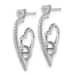 Sterling Silver Rhodium-plated CZ Polished Heart and Bead Post Earrings
