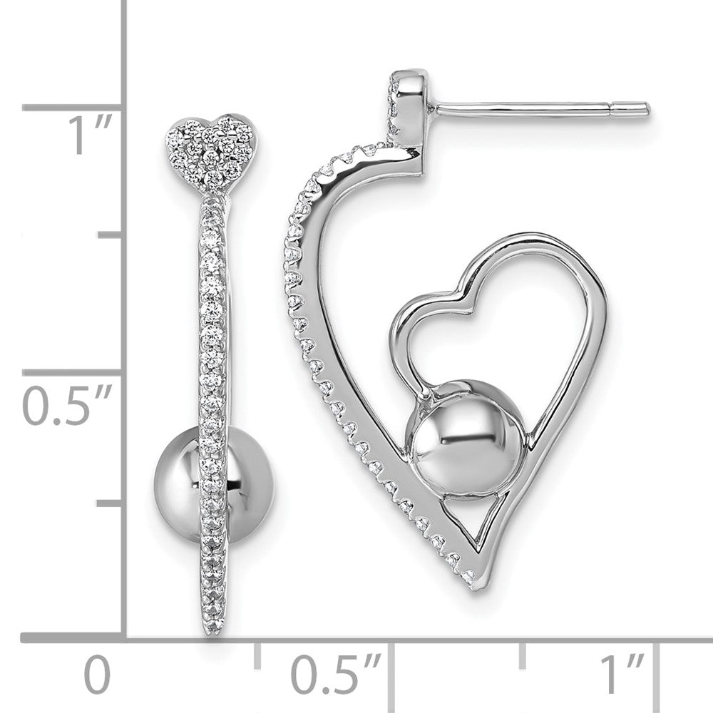 Sterling Silver Rhodium-plated CZ Polished Heart and Bead Post Earrings