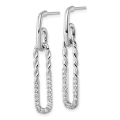 Sterling Silver Rhodium-plated CZ Polished Twisted Paper Clip Dangle Post Earrings