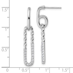 Sterling Silver Rhodium-plated CZ Polished Twisted Paper Clip Dangle Post Earrings