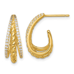 Sterling Silver Gold-tone Polished and Twisted CZ Triple J-Hoop Post Earrings