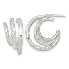 Sterling Silver Polished CZ 3-Row C-Hoop Post Earrings