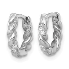 Sterling Silver Rhodium-plated Polished and Twisted CZ Round Hinged Hoop Earrings