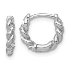 Sterling Silver Rhodium-plated Polished and Twisted CZ Round Hinged Hoop Earrings