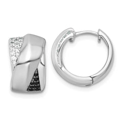 Sterling Silver Rhodium-plated Polished Black and White CZ Round Hinged Hoop Earrings