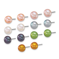 Sterling Silver Rhod 7-8mm Multicolor FWC Pearl 7pc Earring Set
