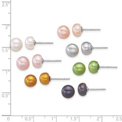 Sterling Silver Rhod 7-8mm Multicolor FWC Pearl 7pc Earring Set