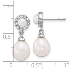 Sterling Silver Rhodium-plated 4-5mm Round and 6-8mm Teardrop Freshwater Cultured Pearl and CZ Halo Dangle Post Earrings