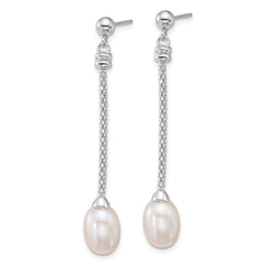 Sterling Silver Rhodium-plated 7-8mm Rice White Freshwater Cultured Pearl and Chain Dangle Post Earrings