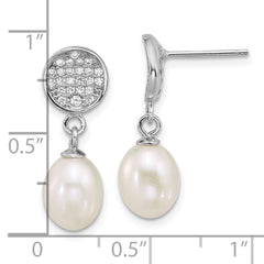 Sterling Silver Rhodium-plated 6-8mm Teardrop White Freshwater Cultured Pearl and Pave CZ Dangle Post Earrings