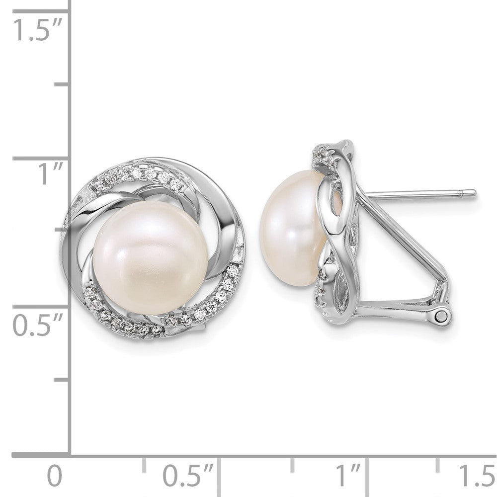 Sterling Silver Rhodium-plated 9-10mm Button White Freshwater Cultured Pearl and CZ Omega Back Earrings