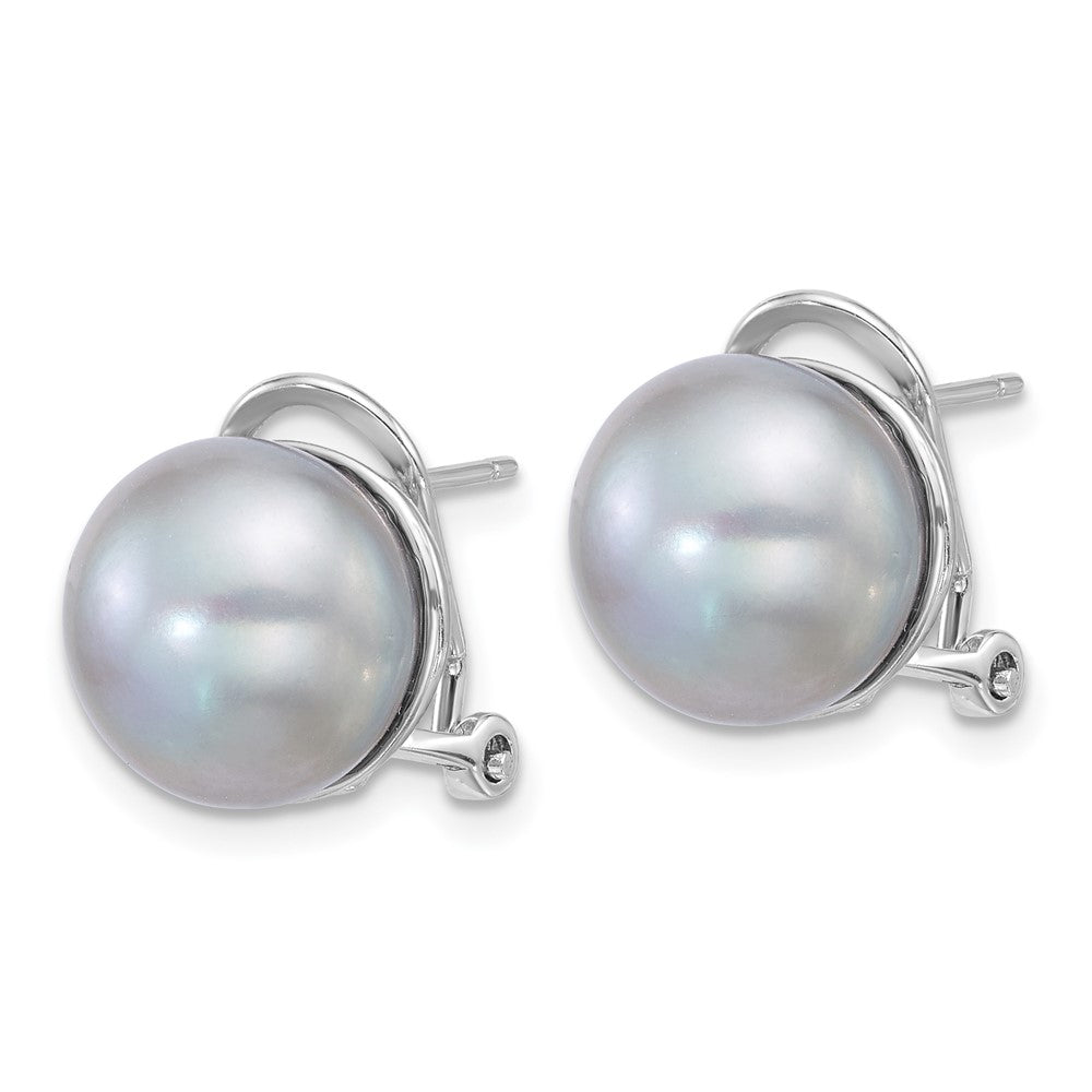 Sterling Silver Rhodium-plated 11-12mm Button Grey Freshwater Cultured Pearl Omega Back Earrings