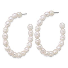 Sterling Silver Rhodium-plated 5-6mm Rice White Freshwater Cultured Pearl C-Hoop Post Earrings