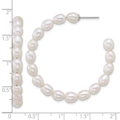 Sterling Silver Rhodium-plated 5-6mm Rice White Freshwater Cultured Pearl C-Hoop Post Earrings