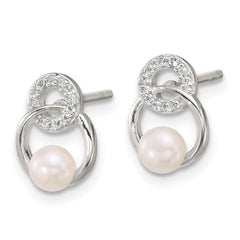 Sterling Silver Polished CZ Circles with 4-5mm Imitation Button Pearl Post Earrings