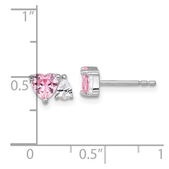 Sterling Silver Rhodium-plated Polished Heart Pink and White Pear CZ Post Earrings