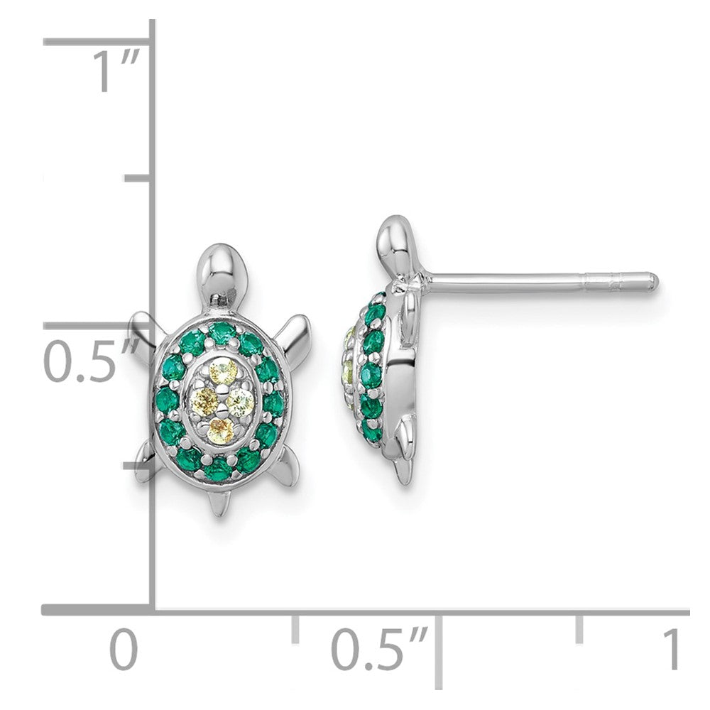Sterling Silver Rhodium-plated Polished Green And Yellow Nano Crystals Turtle Post Earrings