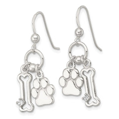 Sterling Silver Polished White CZ Bone and Paw Dangle Shepherd Hook Earrings