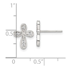 Sterling Silver Polished CZ Cross Post Earrings